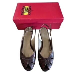 Vaneli Brisk Dark Tortoise Patent Slingback Peep-Toe Cork Wedge Heels 8.5 M